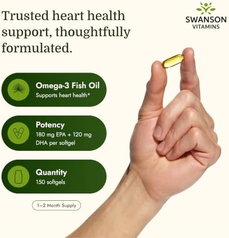 Swanson Omega-3 Fish Oil, 180 mg EPA + 120 mg DHA, 150 Softgels, Lemon | Heart, Brain, and Joint Support Supplement for Health-Conscious Adults, Provides Essential Fatty Acids EPA and DHA