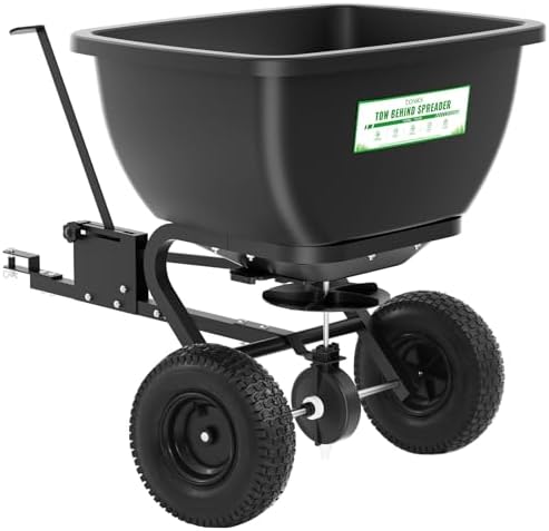 Tow Behind Broadcast Spreader, 200 LB Capacity, Fertilizer Spreader Holds up to 550 lbs with 13" Pneumatic Tires and Adjustable Flow Control Lever