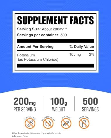 BulkSupplements.com Potassium Chloride Powder - Salt Substitute, Potassium Salt - Gluten Free, 200mg per Serving, 1kg (2.2 lbs) (Pack of 1)