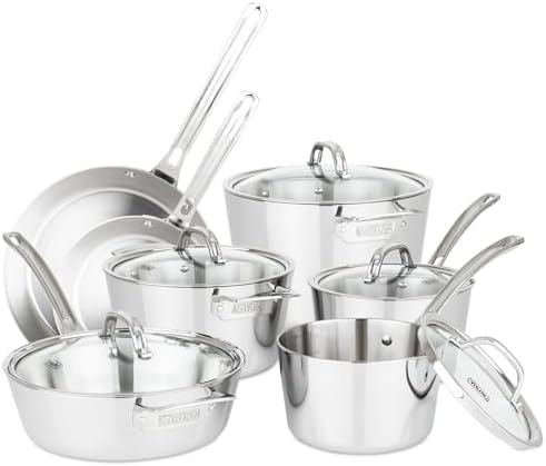 Viking Contemporary 3-Ply Pots and Pans Set, 10 Piece Stainless Steel Kitchen Cookware, Silver