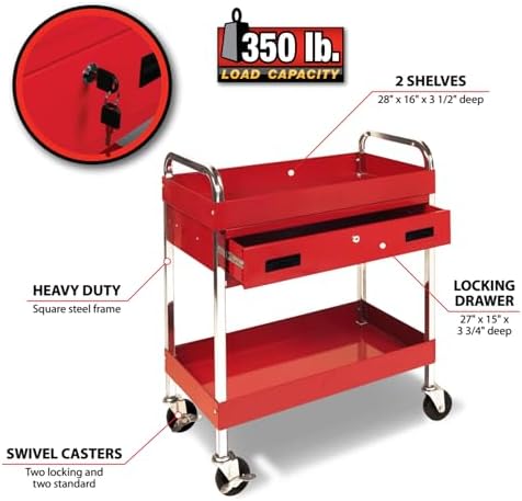 Performance Tool W54004 Two-Shelf Utility Cart with Locking Drawer | Red rolling tiered storage cart with wheels. 350 lb load capacity. Swivel casters. 28x16 inch deep shelves