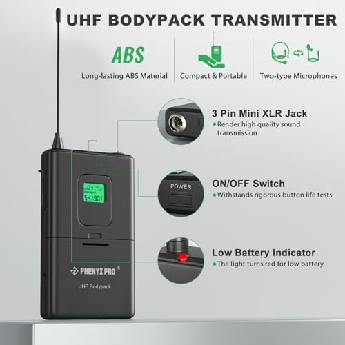Phenyx Pro 4-Ch UHF Fixed Frequency Wireless Microphone PTU-5000-2H2B | 2 Handheld Mics, 2 Bodypacks, Headset/Lapel Mics, Metal Build, 260 ft Range
