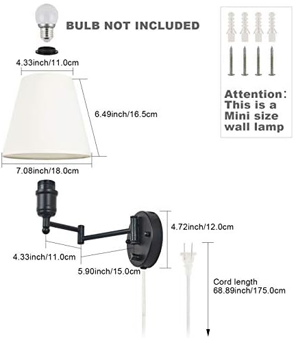 Swing Arm Wall Lamp Plug in Wall Mount Opaque Ivory Linen Shade 40W 2-Way Cord Covers(1 Light)