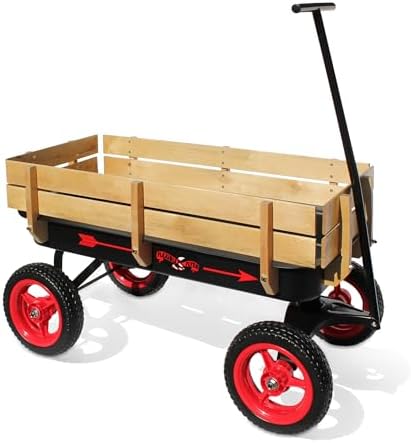 Flexible Flyer All-Terrain Wagon for Kids with Steel Bed & Wood Sides, Extra-Long Pull Handle for Adults, Heavy Duty Toy, Garden & Beach Baby Wagon