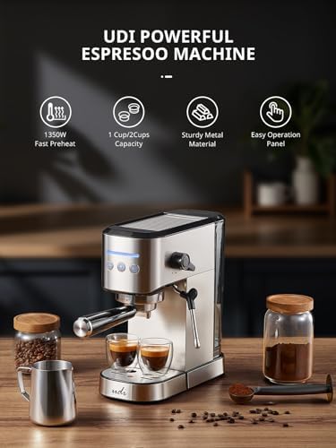 UDI Espresso Machine, 20 Bar High Pressure Professional Espresso Maker | with Milk Frother, Compact Stainless Steel Coffee Machine for Cappuccino