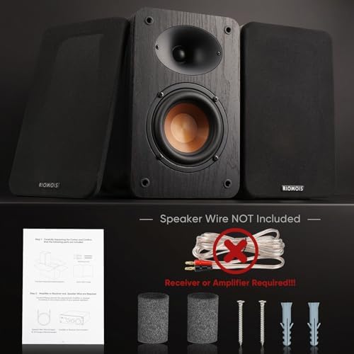 RIOWOIS Passive Bookshelf Speakers, Home Stereo Speakers for Record Player | Silk-Dome Horn Tweeter, 4 inch Woofer, Gold-plated Terminals