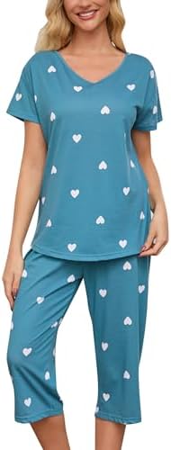 ENJOYNIGHT Womens Pajama Set Cotton Summer Pj Top with Capri Pant Sleepwear
