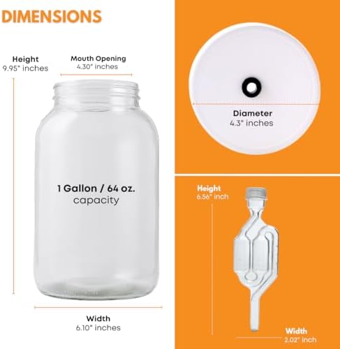 2-Pack 1 Gallon Glass Jar with Lid | Wide Mouth Twin Bubble Airlock Set | Heavy-duty Glass Jars with Airtight Lid for kombucha