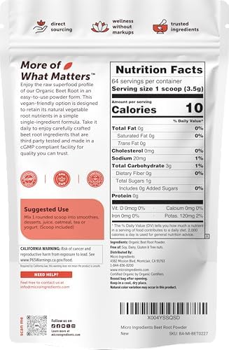 Micro Ingredients Organic Beet Root Powder, 4 Pounds | Nitric Oxide Supplement for Men & Women | Water Soluble, Highly Concentrated Raw Beet Supplement | Superfood Drink Mix | Non-GMO, Plant Based