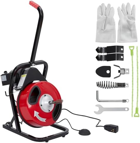 50FT x 1/2Inch Electric Drain Cleaning Machin, Auto Feed Portable Sewer Snake, Semi-Enclosed Drum