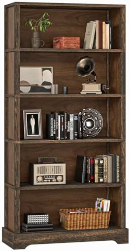 TVU 5 Tiers Wooden Bookshelf, 65.2" Tall Farmhouse Style Open Bookcase, 31.5" Wide Standing Book Shelf with Storage for Study Room, Living Room