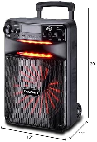 Dolphin Large Bluetooth Party Speaker, 12" Woofer | 80W Output, App Control, LED Light Show, USB, TF, FM & AUX Inputs, 2000mAh Battery, Dual Mic Jacks