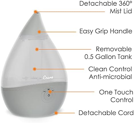 Crane Droplet Ultrasonic Small Air Humidifiers for Bedroom and Office, 0.5 Gallon Cool Mist Humidifier for Plants and Home, Humidifier Filters Optional, Blue and White