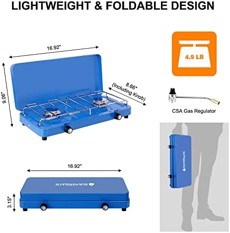CAMPLUX 2 Burners & 1 Grill Propane Camping Stove, 15, 000 BTU Portable Outdoor Propane Camping Grill Burner with Free Standing Legs