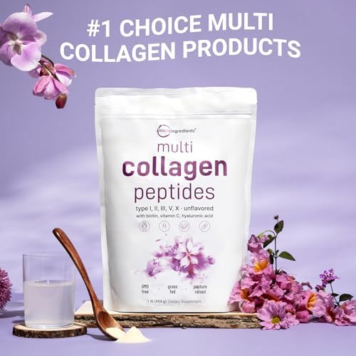 Micro Ingredients Multi Collagen Peptides Powder, 2lb (82 Servings) | Hydrolyzed Type I, II, III, V, X with Biotin, Hyaluronic Acid & Vitamin C. Unflavored Collagen for Women & Men, Easy Dissolve