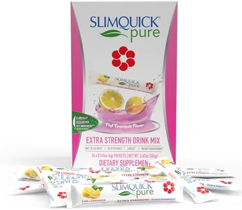 Slimquick Pure 3x Extra Strength Mixed Berry Drink Mix for Women to Help Achieve Weight Goals, Helps Metabolism, Keeps Full for Longer with Green Tea, Caffeine, Chaste Tree, Rhodiola Extract, 26 Count