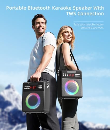 Karaoke Machine for Adults, Portable Bluetooth Speaker with 2 Wireless Microphones and Lights Show, Karaoke Speaker with Bass & Treble, Supports for TWS,USB,FM,REC,AUX in,TF Card for Party/Meeting