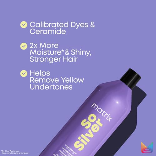Matrix So Silver Purple Shampoo - Neutralizes Yellow Tones, Color Depositing, Brightening & Toning, For Color Treated, Blonde, Grey, White and Platinum Hair, Vegan