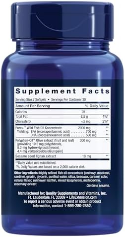 Life Extension Super Omega-3 EPA/DHA Fish Oil, Sesame Lignans & Olive Extract – Heart Health, Brain Health, Inflammation Health Support, Gluten-Free, Easy to Swallow, Non-GMO, 240 Softgels