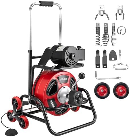 VEVOR Drain Cleaner Machine 100 FT x 3/4 Inch, Auto Feed Sewer Snake Auger, Portable Drain Cleaning Machine with Multi-Wheel Combination, 6 Cutters & Air-Activated Foot Switch for 4" to 8" Pipes