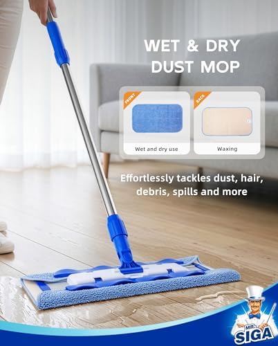MR.SIGA Professional Microfiber Mop for Hardwood, Laminate Floor Cleaning | Stainless steel telescopic handle, 3 reusable microfiber flat mop refills and 1 dirt removal scrubber included
