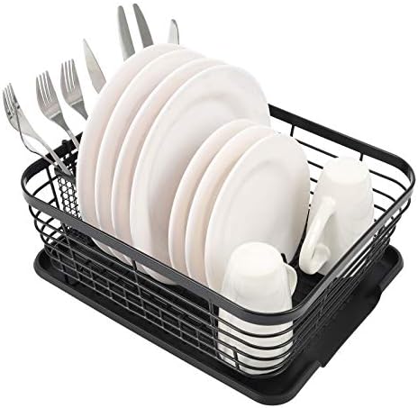 TQVAI Kitchen Dish Drainer Rack with Drying Board and Full-Mesh Silverware Utensils Holder, Black
