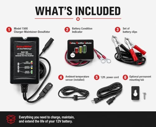 15CEC1B 12V-1.5A Smart Battery Trickle Charger, Maintainer, and Desulfator with Battery Condition Indicator - for Winter and Long Term Storage