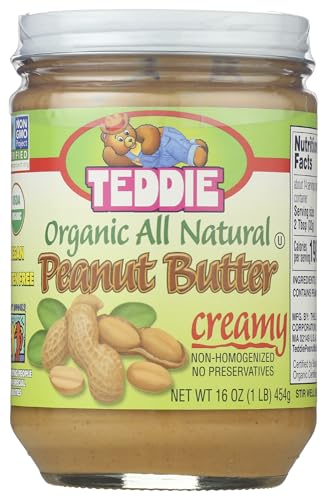 Teddie All Natural Peanut Butter, Smooth Organic, Gluten Free & Vegan, 16 Ounce Glass (Smooth - Organic, Pack of 1)