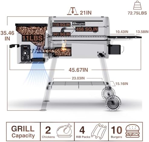KingChii Electric Wood Pellet Grill & Smoker with Side Shelf, 456 SQ.IN Grill Capacity, with PID Temperature Control (180-425°F) for Backyard Camping Bake and Roast, Black