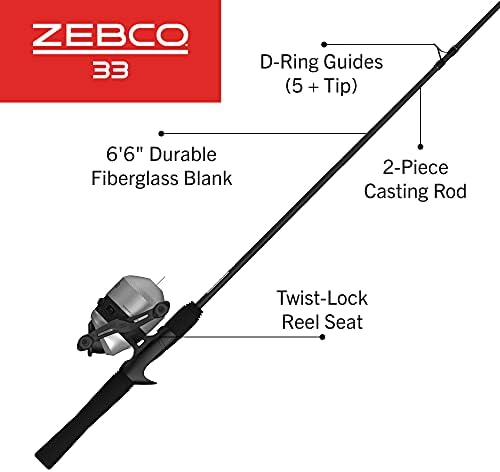 Zebco 33 Spincast Reel and Fishing Rod Combo, 6-Foot 2-Piece Fiberglass Rod with EVA Handle, Quickset Anti-Reverse Fishing Reel with Bite Alert