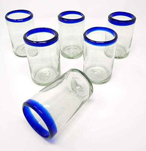 Hand Blown Mexican Drinking Glasses - Set of 6 Juice Glasses with Cobalt Blue Rims (8 oz each)