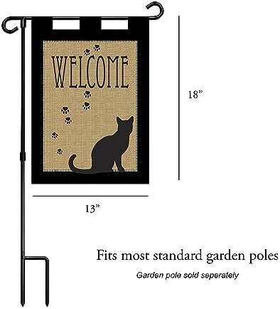 Welcome Black Cat Silhouette Paws Burlap 18 x 13 Rectangular Applique Tab Top Small Garden Flag