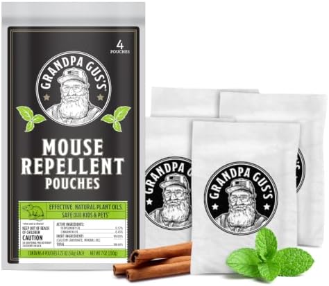 Grandpa Gus's Mouse Repellent Pouches, Natural Peppermint Oil, 4 Pouches | Cinnamon & Peppermint Oil Helps Repel Mice from Nesting in Home/Cabin/Boat/Car Storage/RV/Machinery/Shed, Kid & Pet Safe