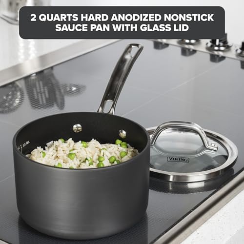 Viking Non Stick Sauce Pan with Glass Lid, 1 Quart Hard Anodized Nonstick Saucepan Cooking Pot, Dishwasher and Oven Safe, Induction Ready, Gray