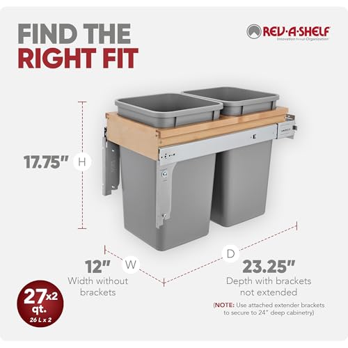 Rev-A-Shelf Double Pullout Trash Can, Min Cabinet Opening 18" W, 50 Qt | w/ Soft-Close, Under Cabinet Waste/Recycling Bin w/ Lid, Silver, 4WCSC-2150DM-2