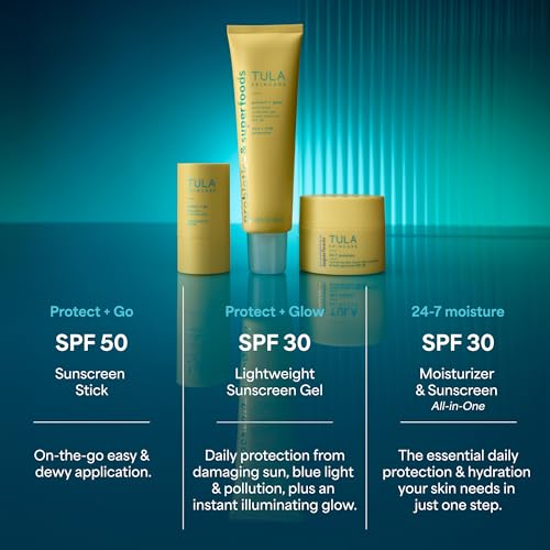 TULA Skin Care Protect + Glow Daily Sunscreen - Gel, Broad Spectrum SPF 30, Skincare-First, Non-Greasy