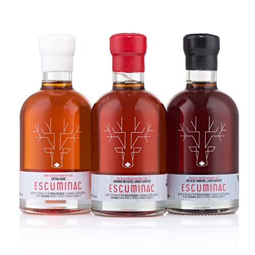 Escuminac Canadian Maple Syrup Variety Set, Including our 3 Harvests Extra Rare, Great Harvest, Late Harvest. 3 X 6.8 fl oz, 100% Pure & Organic