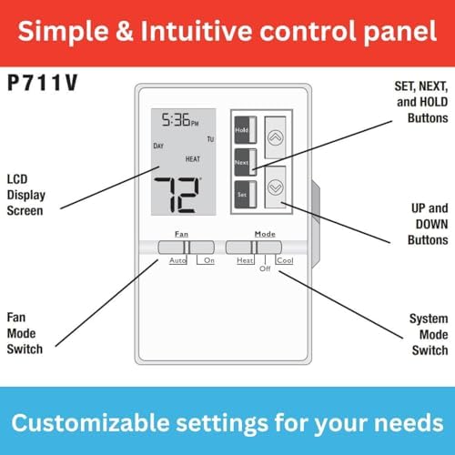 P711 7-Day Programmable or Non-Programmable, Easy-to-Use Thermostat | P711 Prog/Non-Prog, Digital Heating/Cooling Thermostat, Easy DIY Installation, Batteries Included