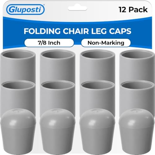 Folding Chair Leg Caps Gray 7/8 Inch (12 Pack) - Heavy Duty Nylon Chair End Caps, Non-Marring Round Hardwood Floor Protectors