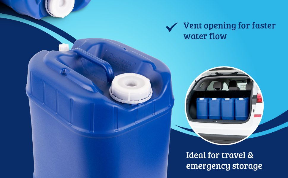 A plastic storage tank and a callout of four tanks in a car trunk. &amp;#34;Ideal for travel and storage.&amp;#34;