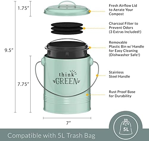 Barnyard Designs 1.2 Gallon Kitchen Counter Compost Bin with Lid (Mint)