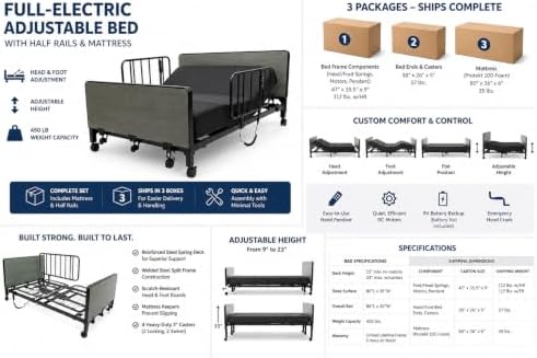 Fully Electric Hospital Bed Set - Foam Mattress, Half Rails Included - Enhanced Comfort, Convenience