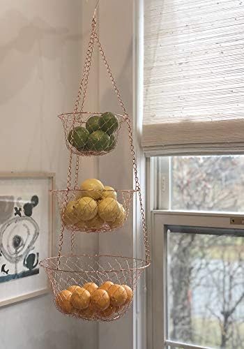 Fox Run 3-Tier Copper Kitchen Hanging Fruit Baskets For Kitchen, 32 Inches | Easily Store & Display Fruit & Vegetables | 3 Tiers Of Baskets For Organization | Beautiful Copper Hanging Kitchen Baskets