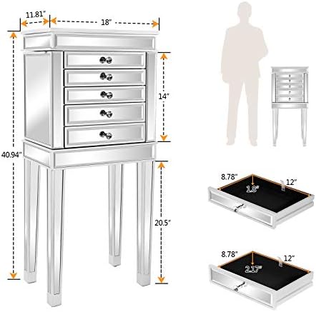 VINGLI Mirrored Jewelry Armoire, Mirror Jewelry Cabinet Standing with 6 Drawers & 2 Side Doors, Jewelry Armoire Cabinet, Standing Jewelry Box