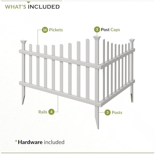 Zippity Ashley Corner Picket Fence, White Vinyl DIY No Dig Kit | 30inH x 40inW, 2 Panels, Garden Border Fencing, ZP19007