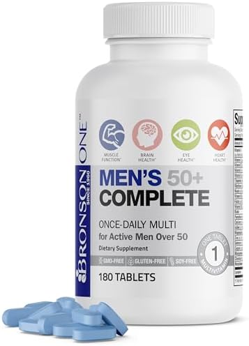 Bronson ONE Daily Mens 50+ Complete Multivitamin Multimineral, 180 Tablets | Once-Daily, Targeted Nutrition For Active Men Over 50, Non-GMO, Gluten-Free, Soy-Free