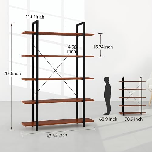 BATHWA Wood and Metal Minimalist 5 Tier Bookshelf, 6 feet Tall Open Rustic Wide Bookcase Industrial Style