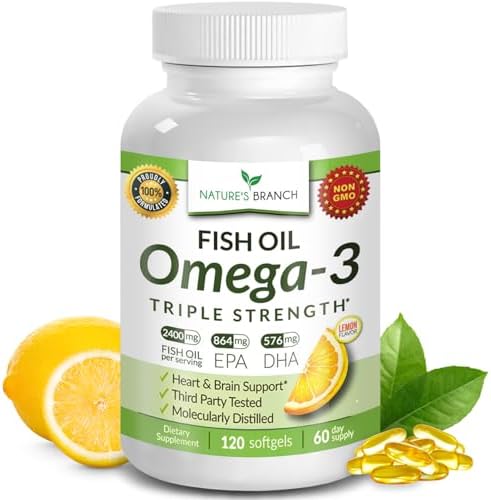 Triple Strength Omega 3 Fish Oil for Heart Health, Brain & Eyes – Burpless | High EPA & DHA Fish Oil for Men & Women, Lemon Flavor, Third Party Tested, Omega 3 Supplements for Joints – 120 Capsules