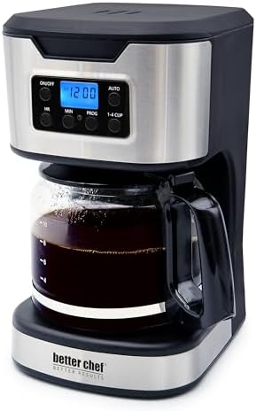 Better Chef Programmable 12-Cup Coffee Maker | 1-4 Cup Setting | Auto-Pause to Serve | 2hr Keep Warm | Perma-Filter | Stainless (Red)