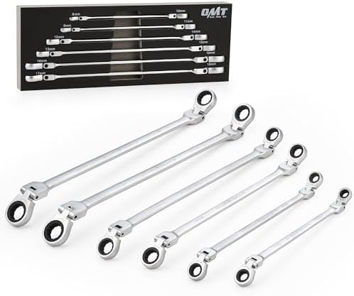 OMT 6Pc Metric Extra Long Flex-Head Ratcheting Wrench Set, 8-19mm Range | Durable 40CrV Steel Build, 72-Tooth Gearing, 180° Rotating Flex-Head